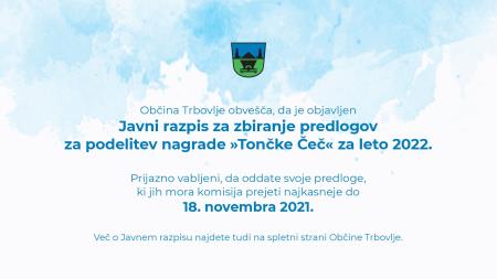 Javni razpis za zbiranje predlogov za podelitev nagrade »Tončke Čeč«